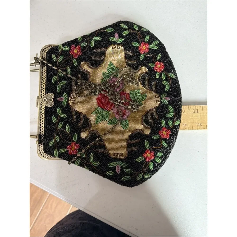 Vintage Hand Beaded Purse Black Colorful Roses Bag 1950 1960 flapper party - Picture 13 of 16